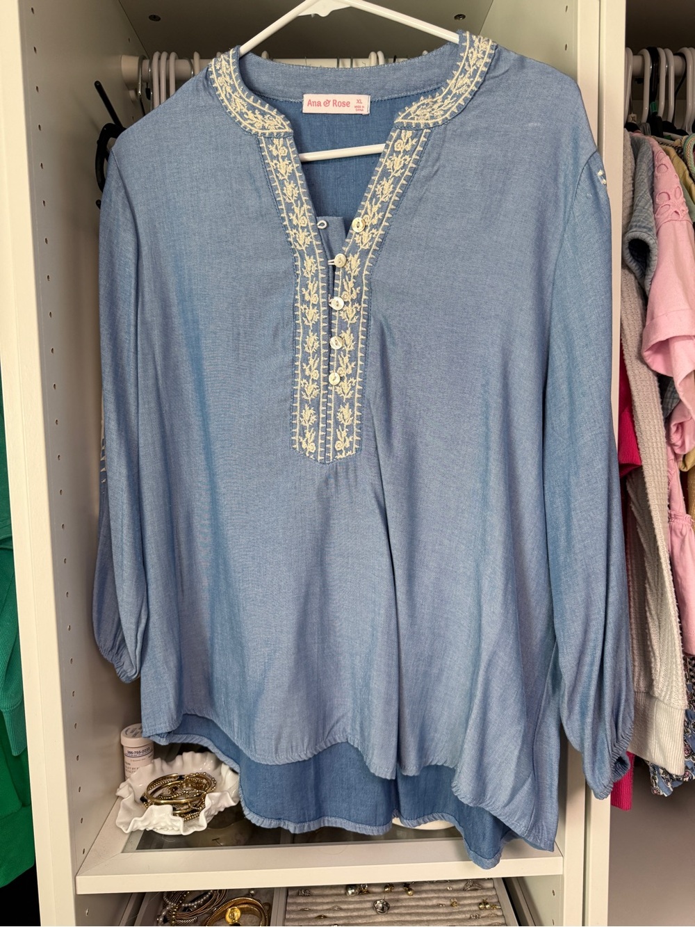 Ana + Rose Light Blue Embroidered Henley Tunic